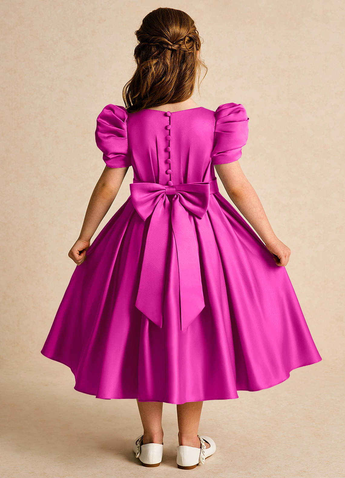 Azazie Miriam Abiti da Ragazza di Fiori Abito Principessa in Raso Opaco Plissettato Fucsia image1