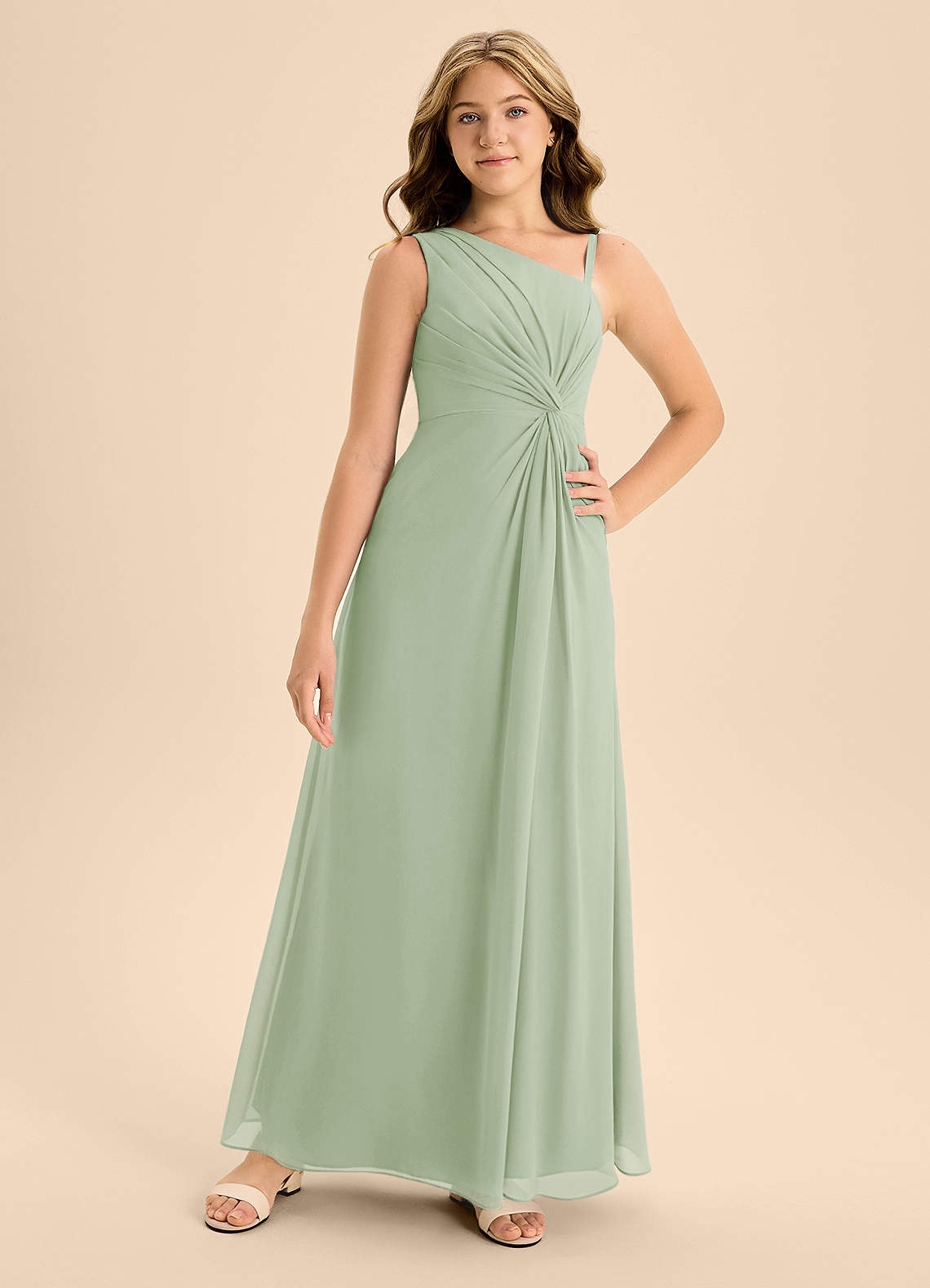 Azazie Brooke Junior Abito A-Line in Chiffon Spacco Laterale Verde Salvia image3