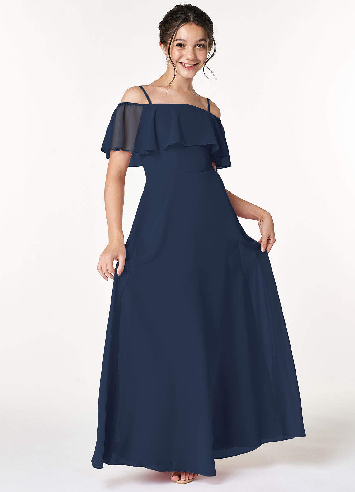 Azazie Maggie Junior Dark Navy A-Line Off the Shoulder Chiffon Dress image1
