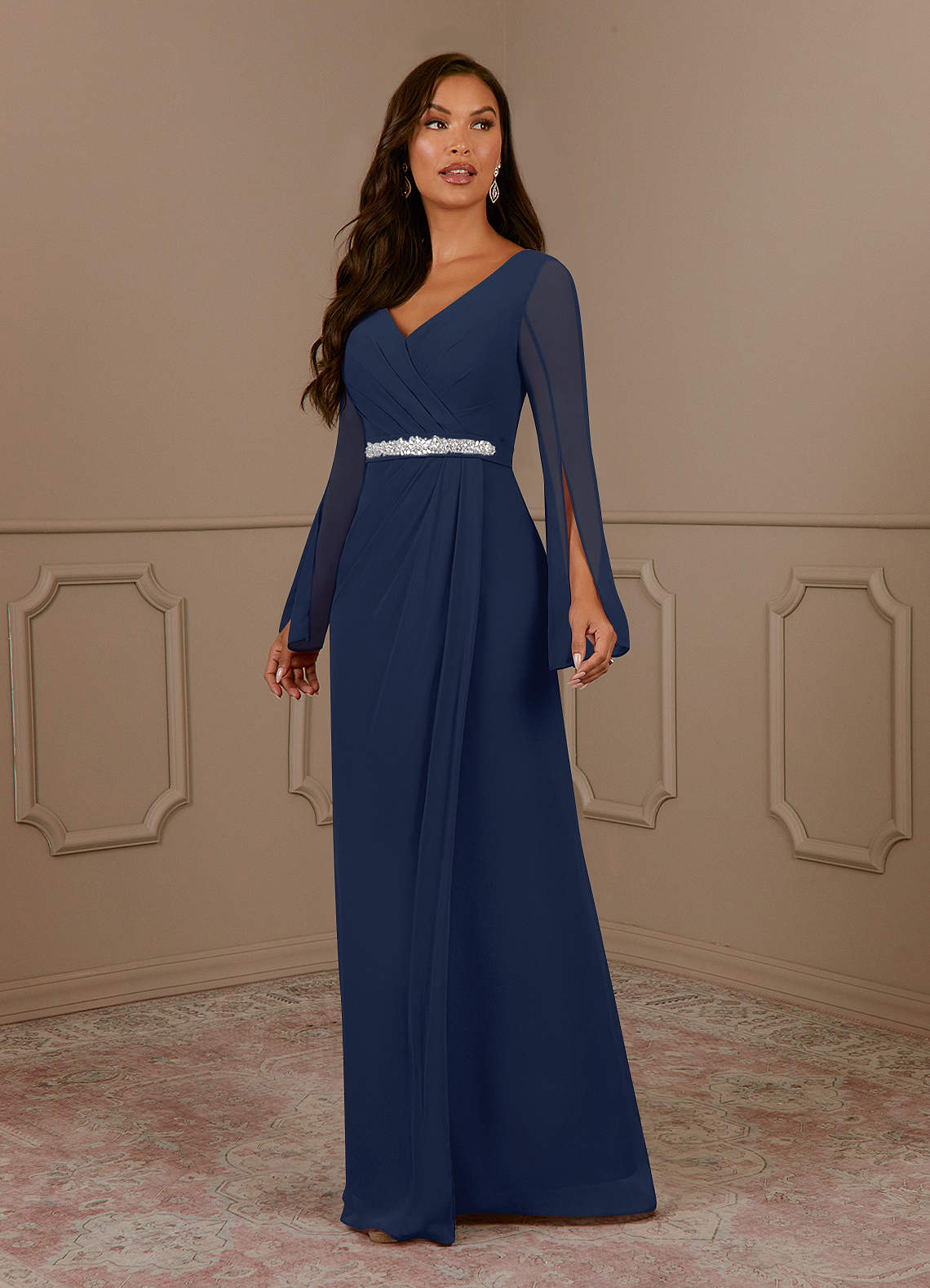 Azazie Belinda Mother of the Bride Dresses Dark Navy A-Line V-Neck Pleated Chiffon Dress image1