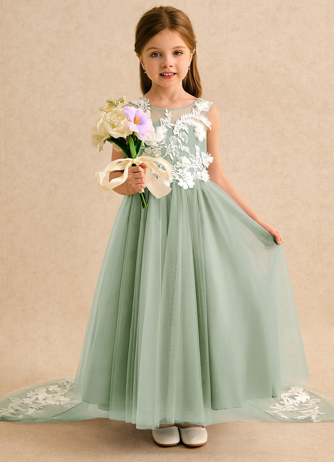 Azazie Mixie Flower Girl Dresses Dusty Sage Ball-Gown Lace Dress image5