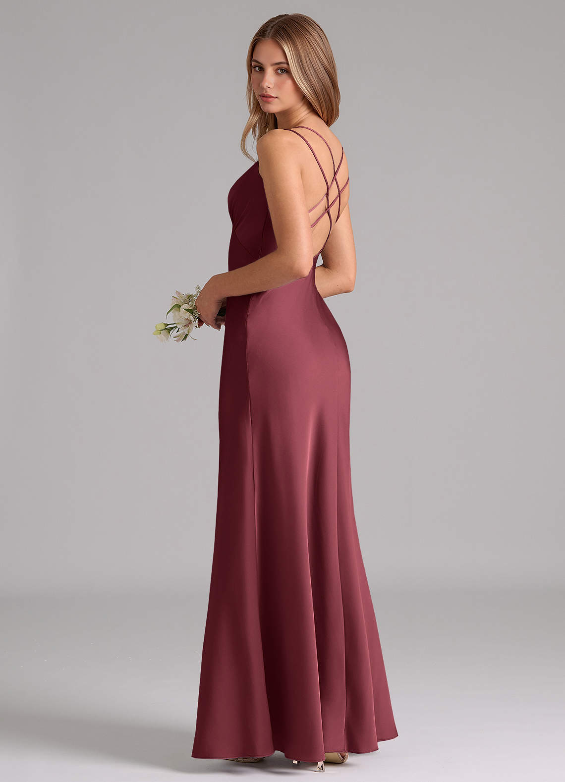 Azazie Suttona Bridesmaid Dresses Merlot A-Line Pleated Stretch Satin Dress image1