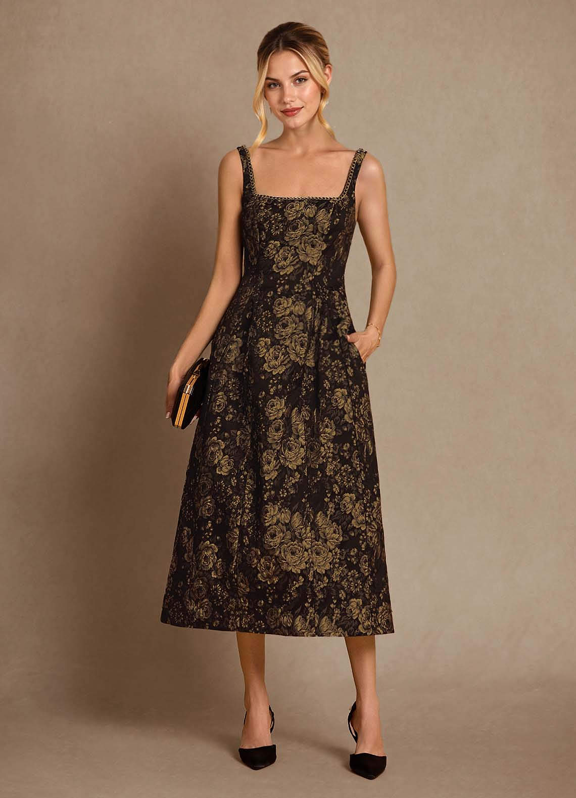 Azazie Auster Gold Black A-Line with Pockets Jacquard Dress Ready to Ship |  Azazie