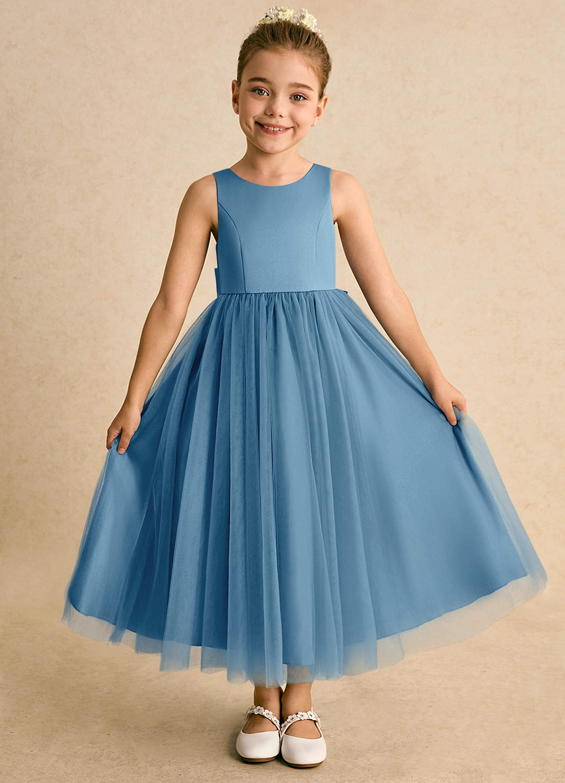Azazie Solia Robe Demoiselle D'honneur Fillette Robe Princesse en Tulle Arc Acier Bleuté image1