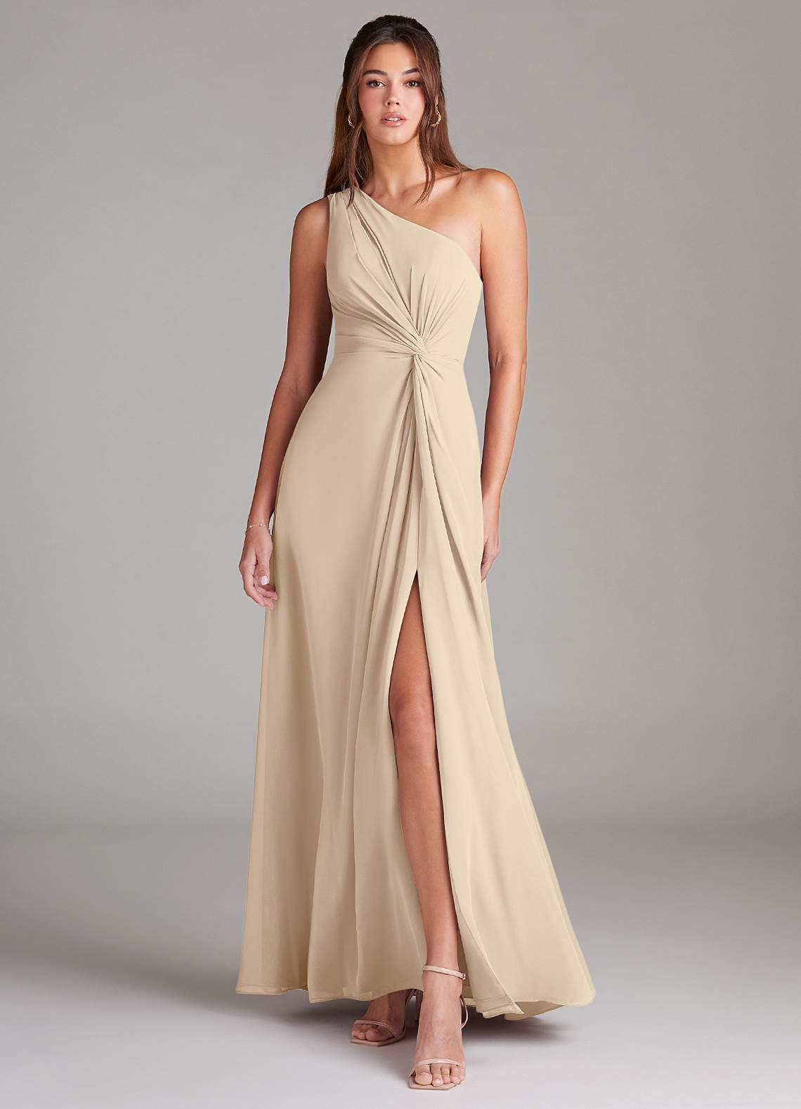 Azazie Brooke Bridesmaid Dresses Champagne A-Line One Shoulder Chiffon Dress image1