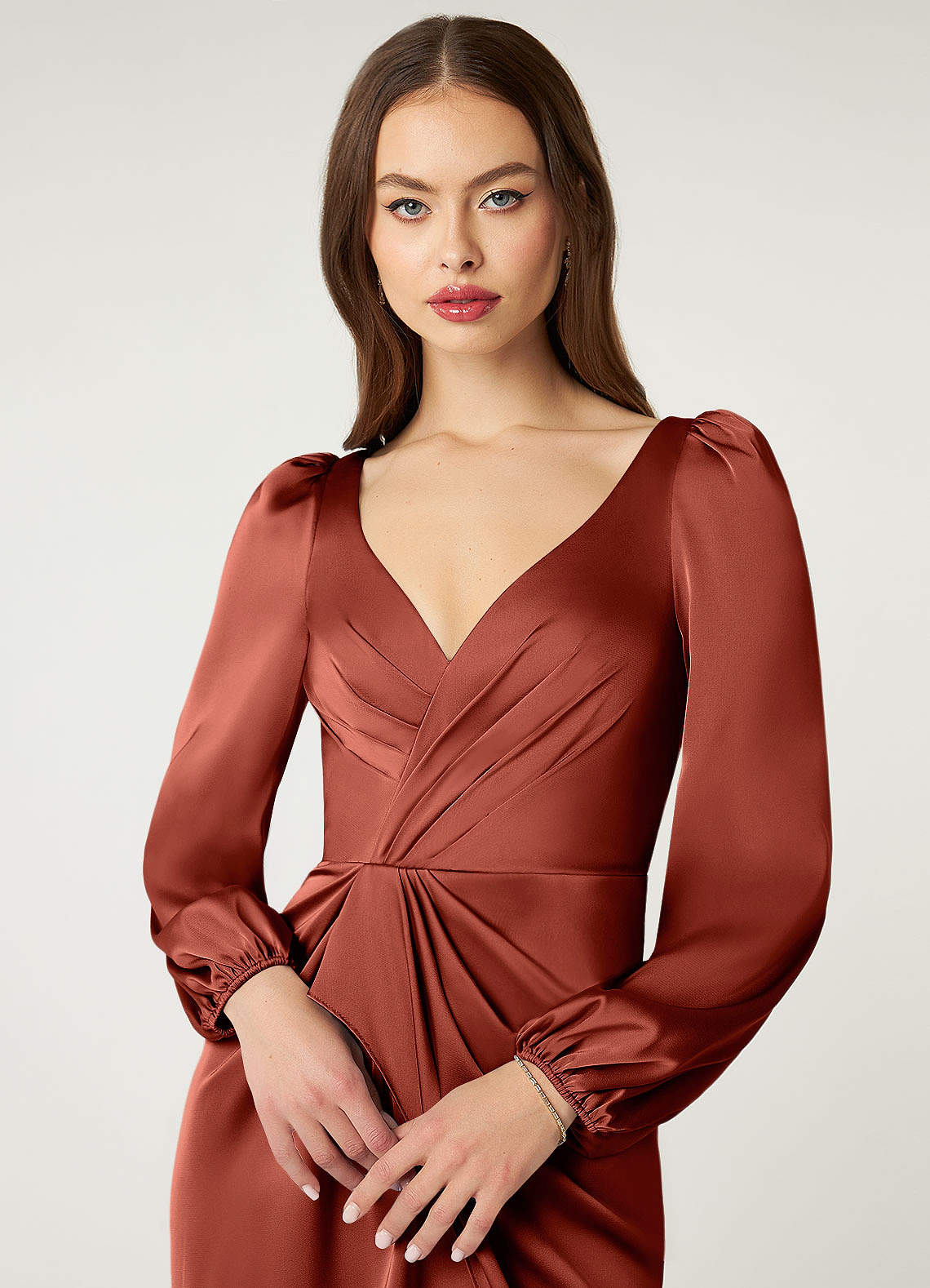 Azazie Mel Ready to Ship Terracotta Stretch Satin Bridesmaid Dresses | Azazie CA Azazie Mel Ready to Ship Terracotta Stretch Satin Bridesmaid Dresses | Azazie CA