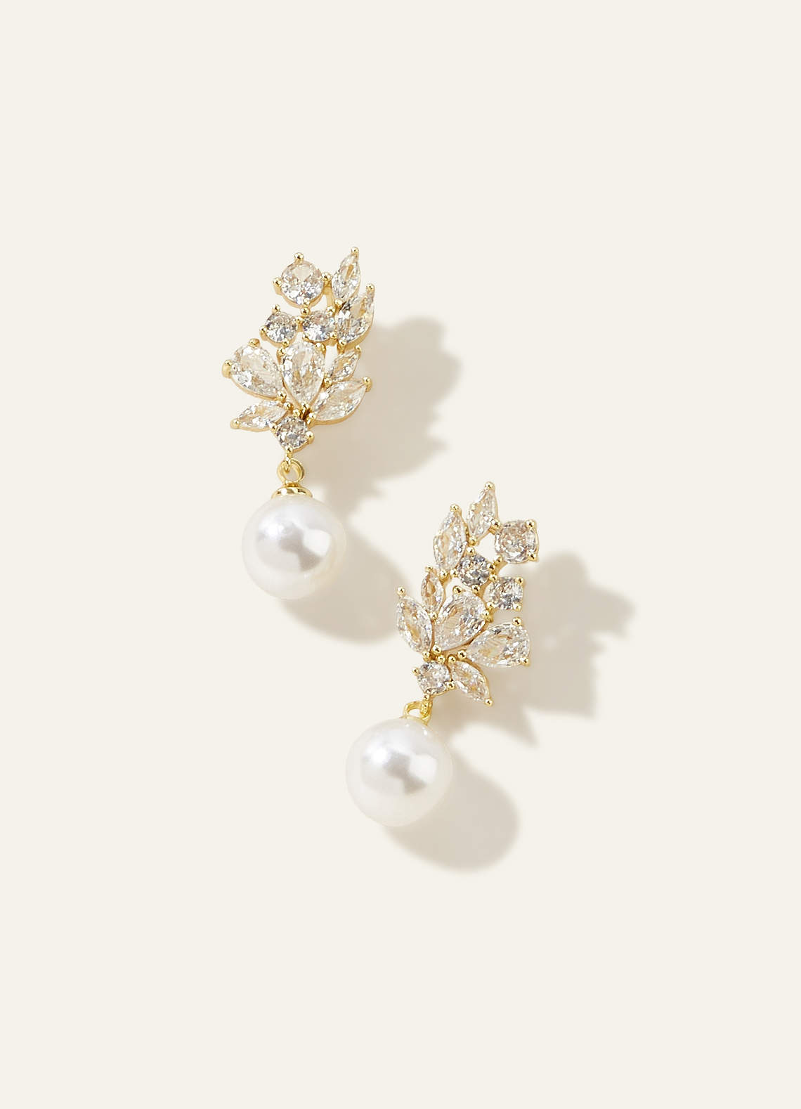 front Crystal Foliage and Pearl Dangle Earrings