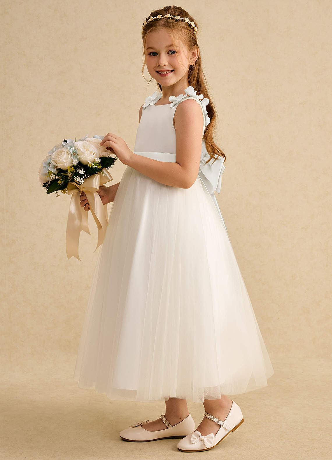 Azazie Lilli Robe Demoiselle D'honneur Fillette Robe Trapèze en Tulle Arc Ivoire image2