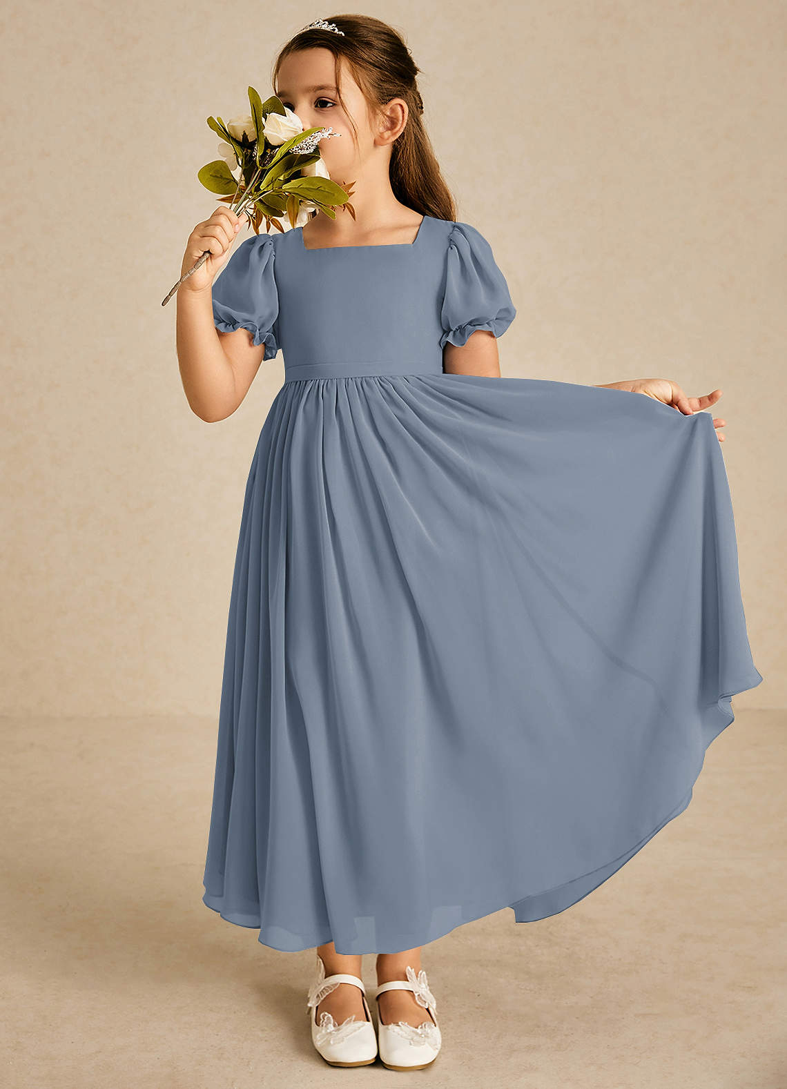 Azazie Joss vestidos de niña de las flores Vestido de Crepúsculo de Gasa de Corte En A con Con mangas image1