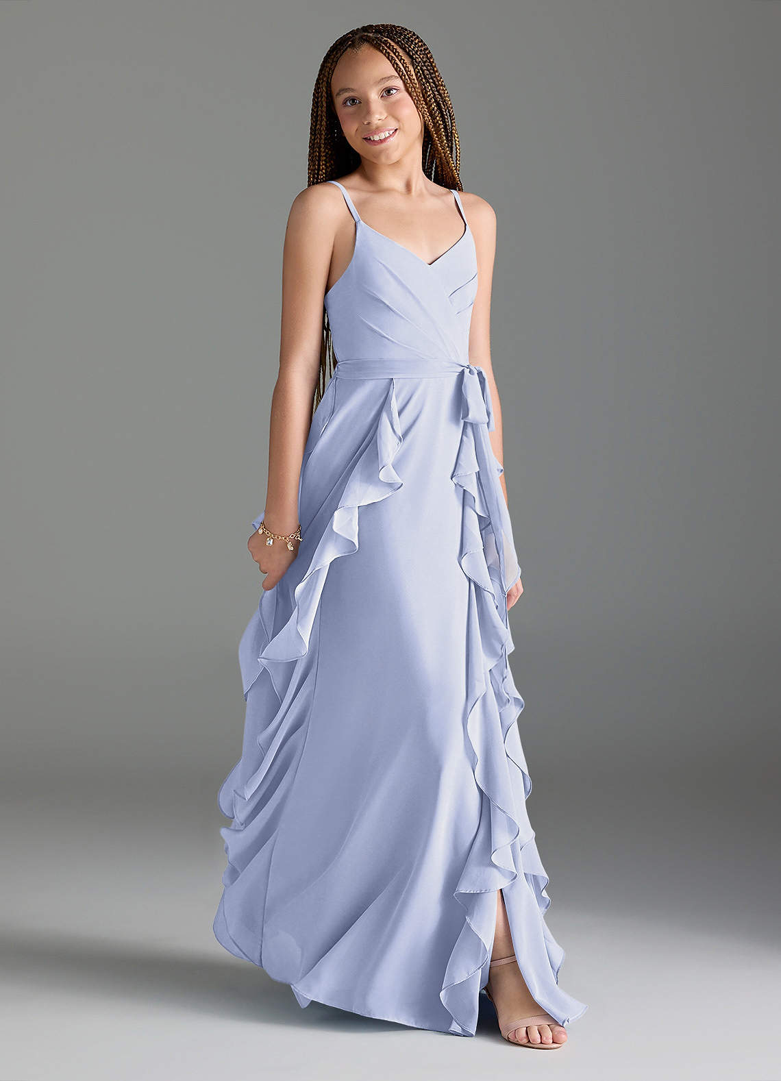 Azazie Peyton Junior Abito A-Line in Chiffon con Volant a cascata e Scollo a V Lavanda image2