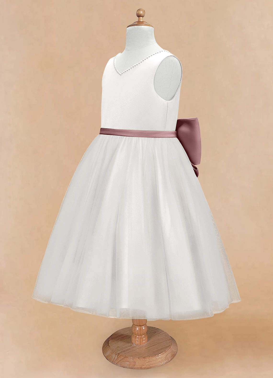 Azazie Seline Flower Girl Dresses Ivory Dusty Rose A-Line Bow Tulle Dress image7