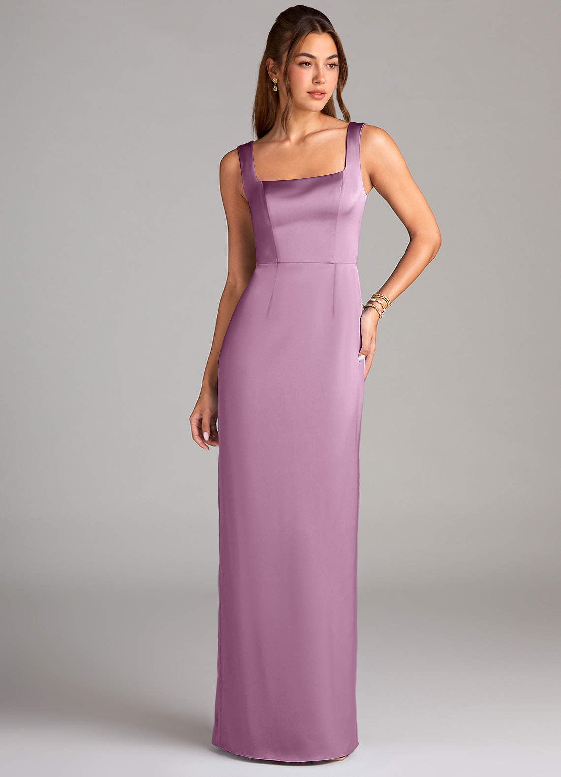 Azazie Flori Bridesmaid Dresses Wisteria Sheath Side Slit Stretch Satin Dress image1