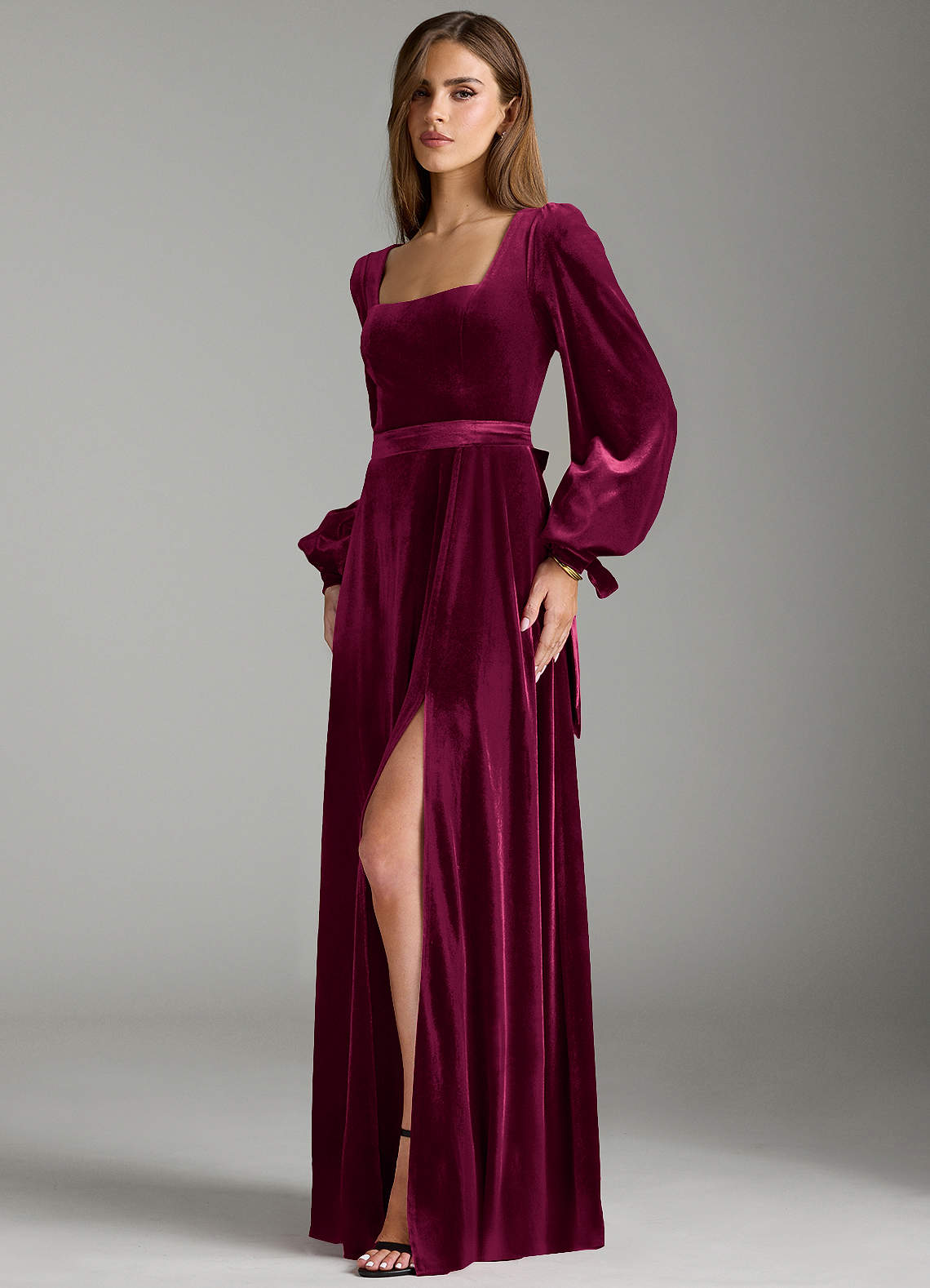 cabernet bridesmaid dress with sleeves Azazie Leonia