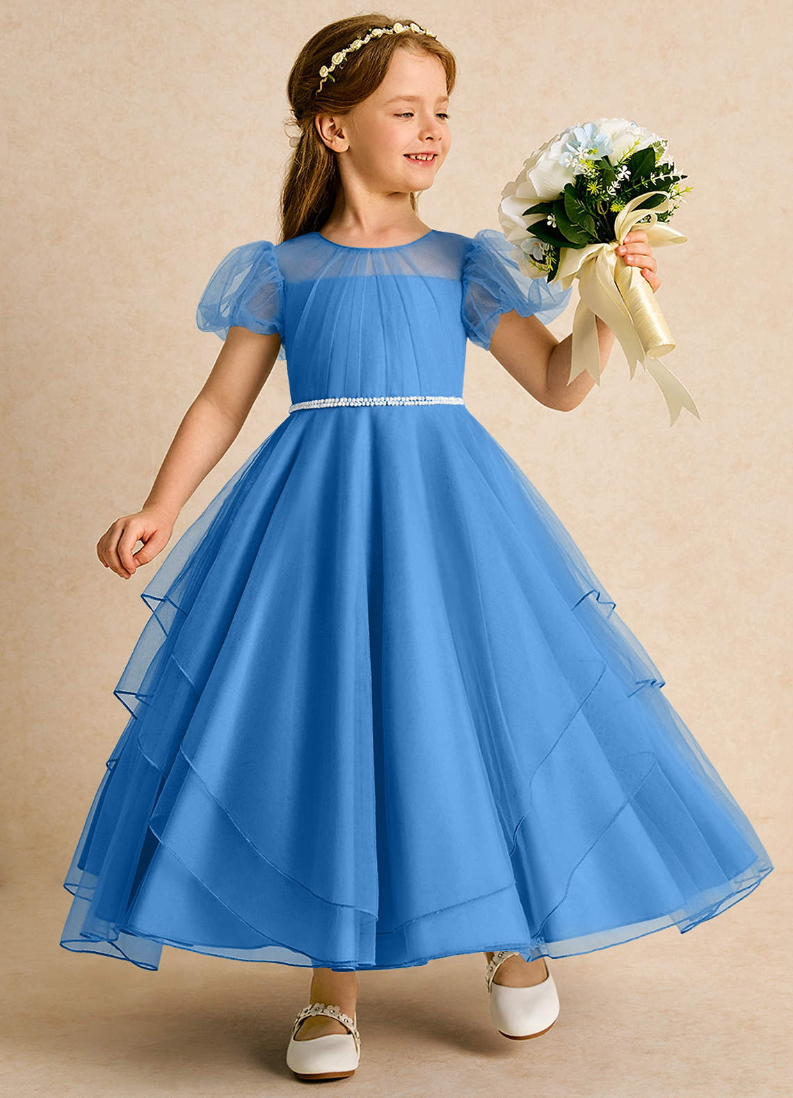 Azazie Duckie Flower Girl Dresses Blue Jay Ball-Gown Pleated Tulle Dress image1