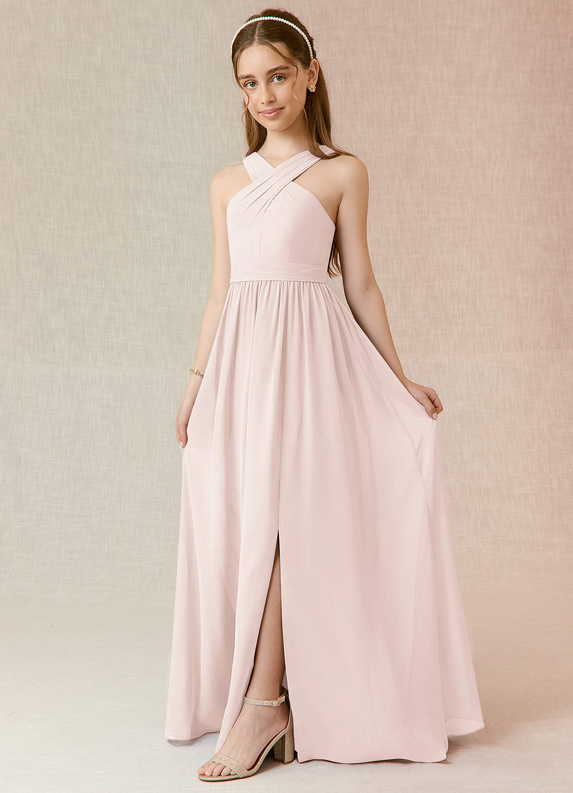 Azazie Jiya Junior Rose Petal A-Line Pleated Chiffon Dress image1