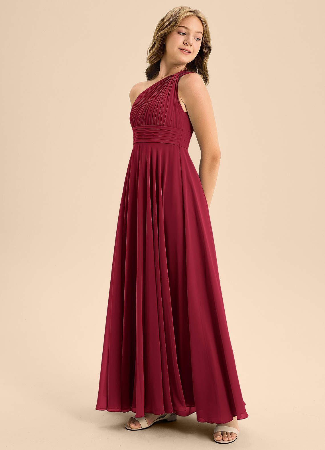 Azazie Charlize Junior Vestido Borgonha de Chiffon de Linha A com Plissado image3