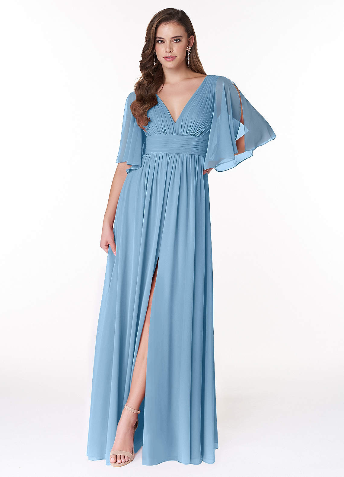 Azazie Temeka Abiti da Damigella Abito A-Line in Chiffon Increspato Blu Acciaio image1