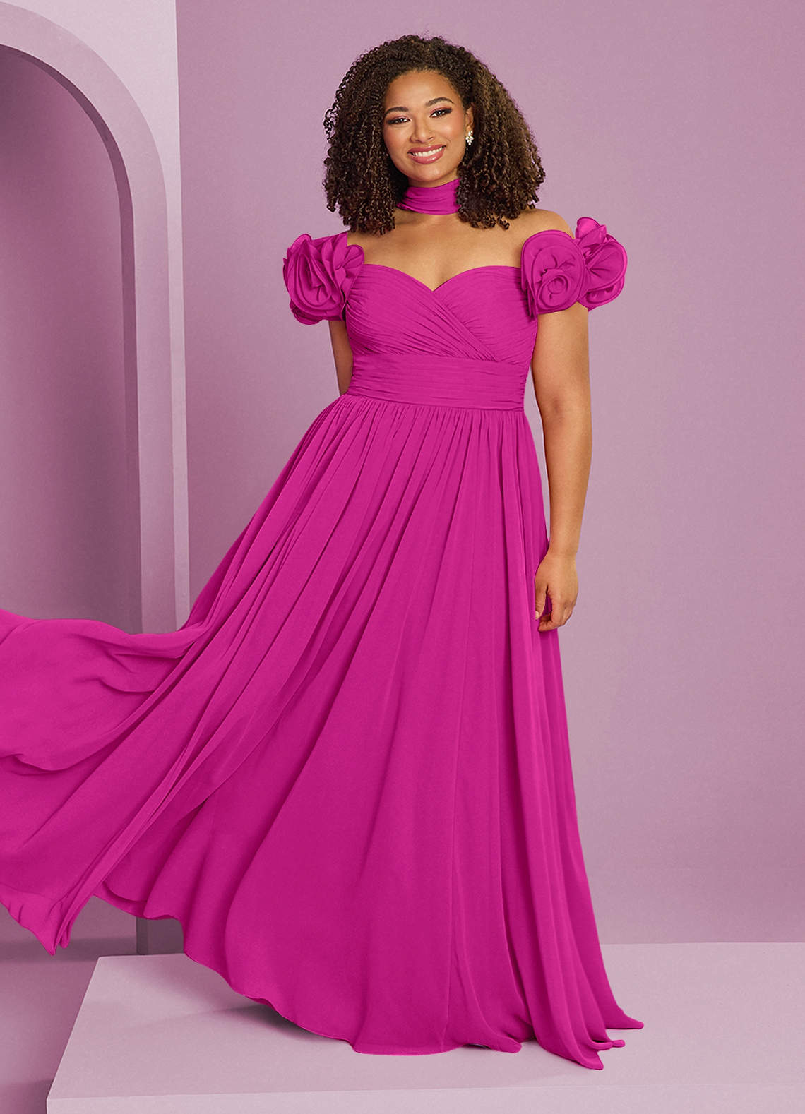 Barbie ♥ Azazie Abiti da Damigella Abito Convertibile A-Line in Chiffon a Spalla Scoperta Fucsia image1