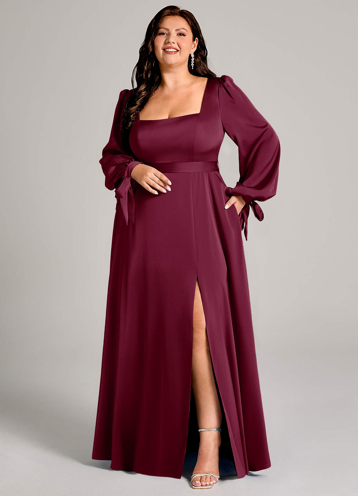 Azazie Leonia Bridesmaid Dresses Mulberry A-Line Long Sleeve Stretch Satin Dress image1