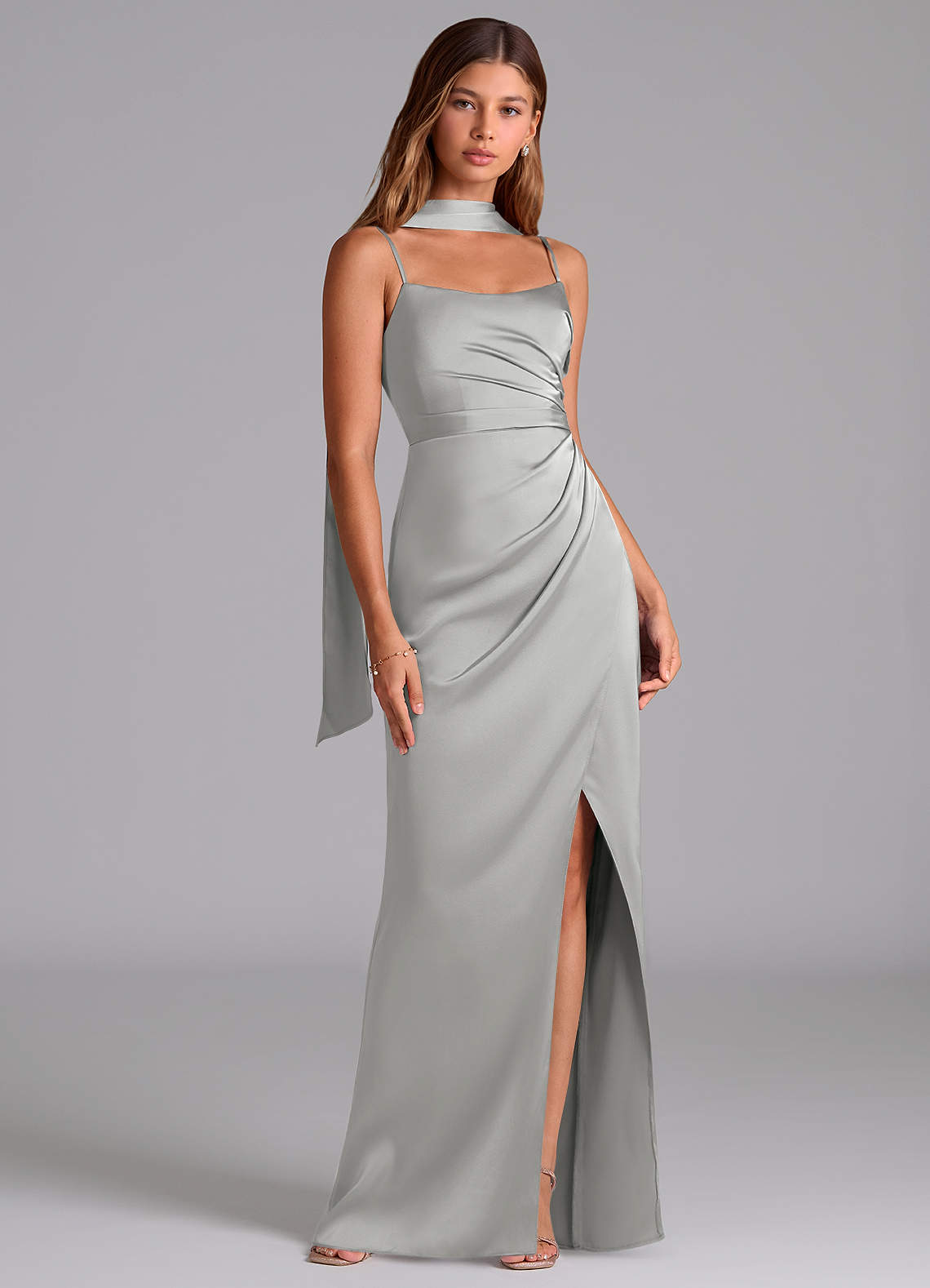 Azazie Calandra Brudepigekjoler En streg Plisseret Stræk satin Gulv-længde Kjole image1