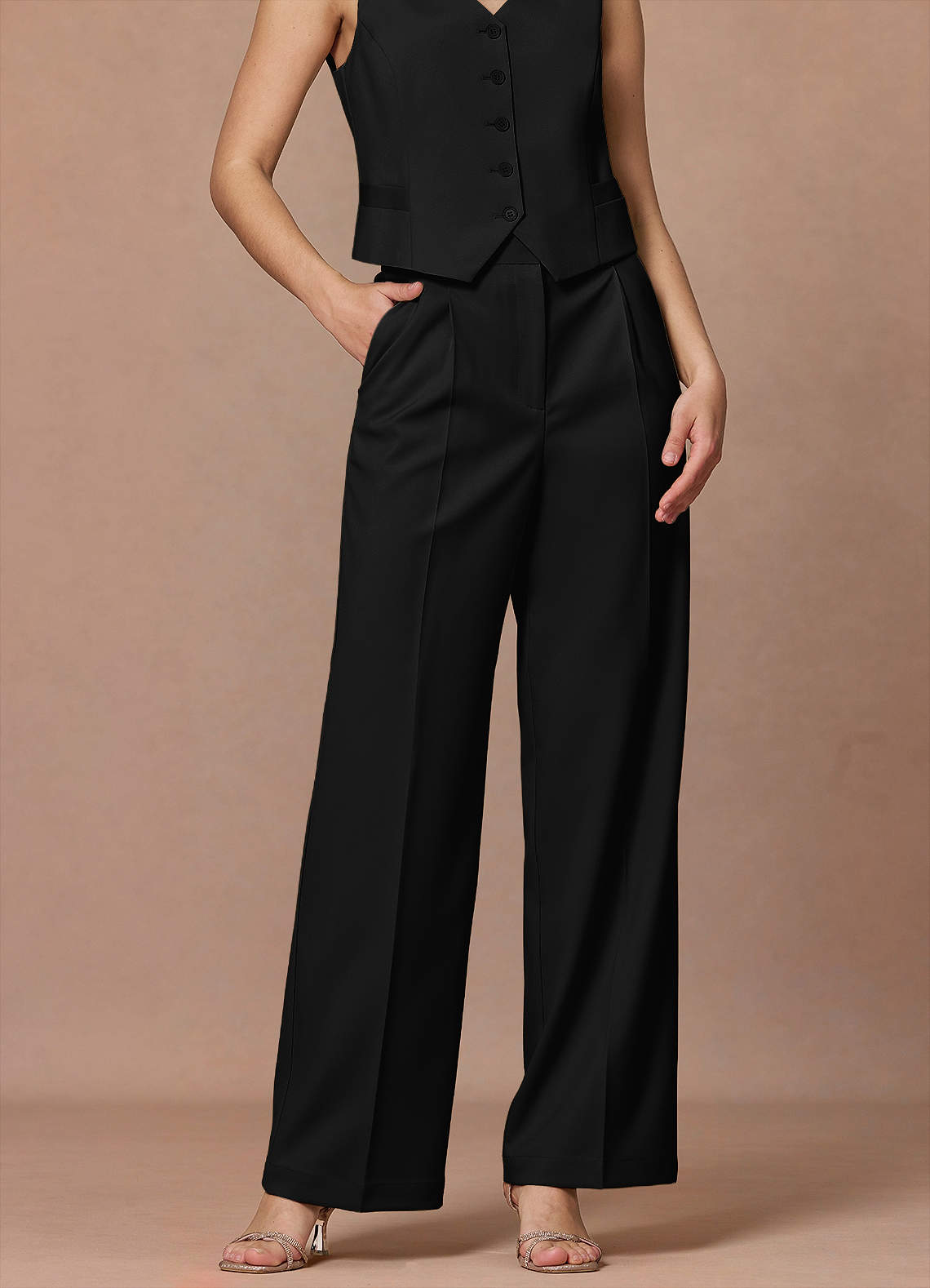 front Juliette Black Refined Weave Lace Panel Pantsuit