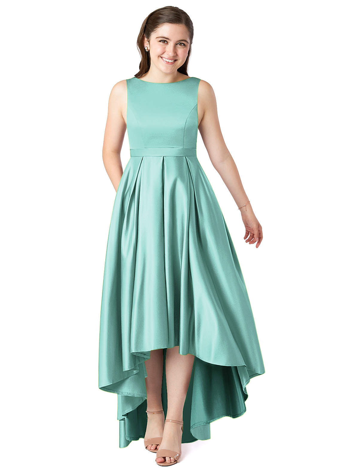 Azazie Inaya Junior A-Linie Gürtel/Schärpe Stretch-Satin Kleid Aqua image1