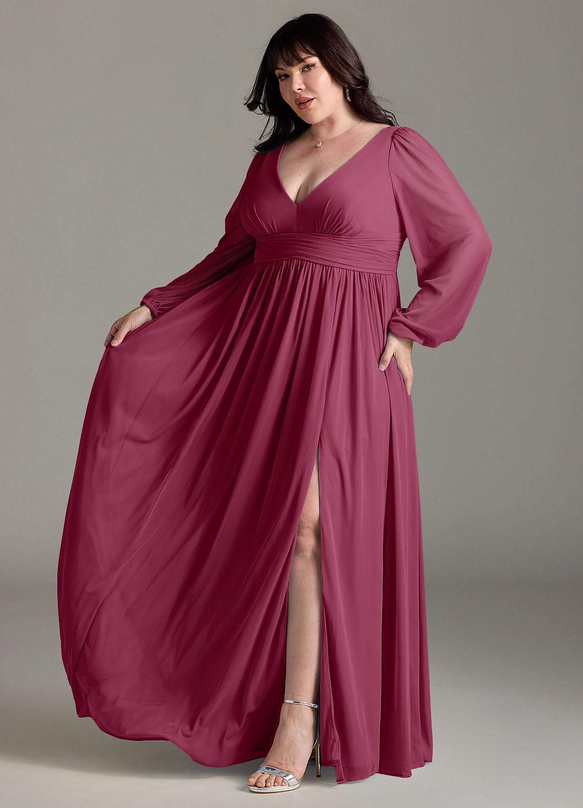Azazie Norah Abiti da Damigella Abito A-Line in Chiffon con Maniche lunghe e Scollo a V Gelso image9