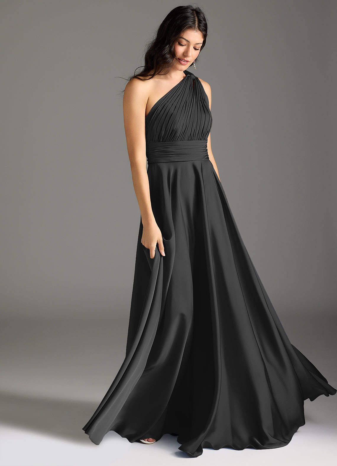Azazie Charlize Bridesmaid Dresses Black A-Line One Shoulder Stretch Satin Dress image2