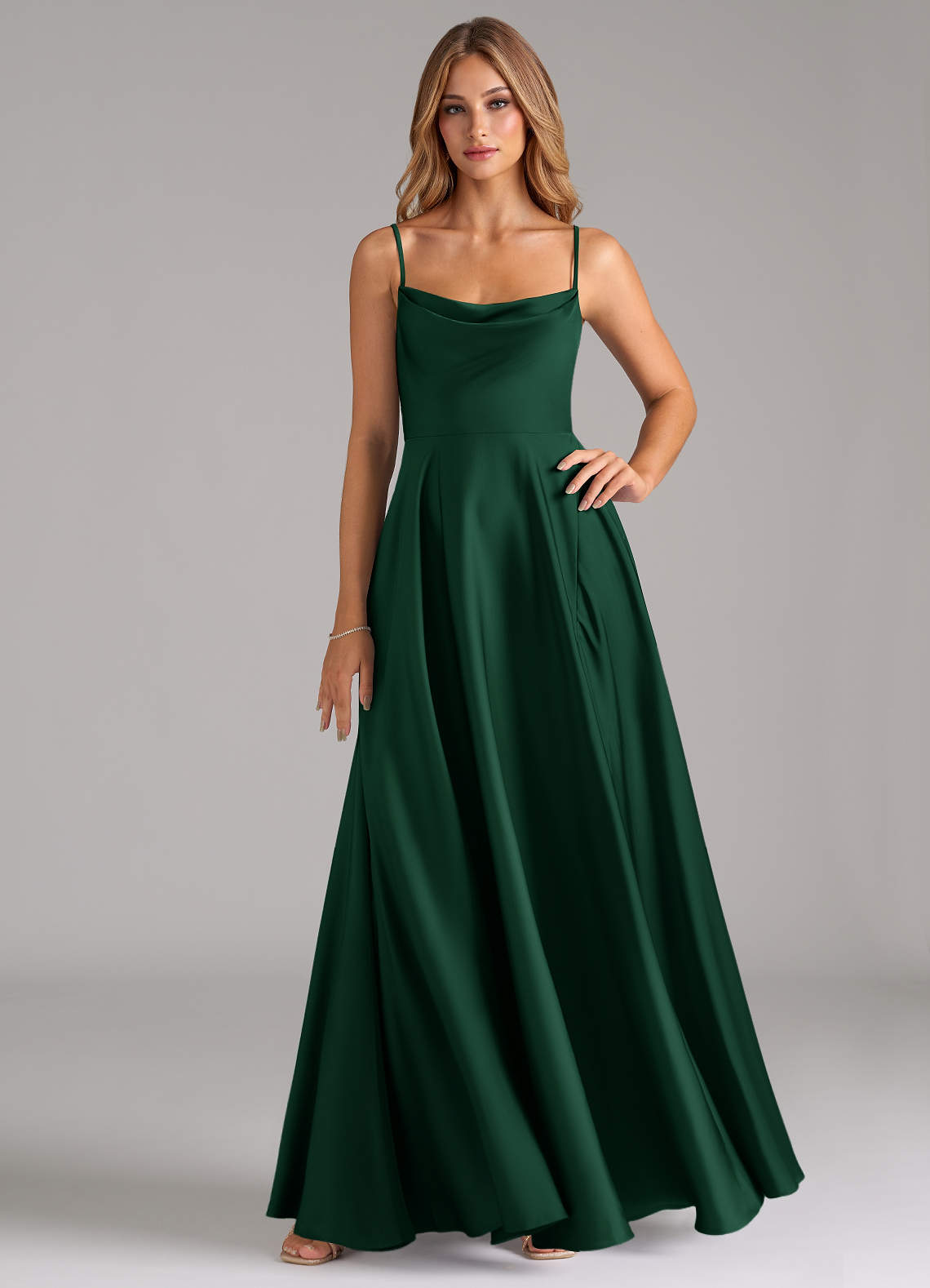 slim fit dress slacks Satin Halter Pleats Dark Green Wedding Guest Dress