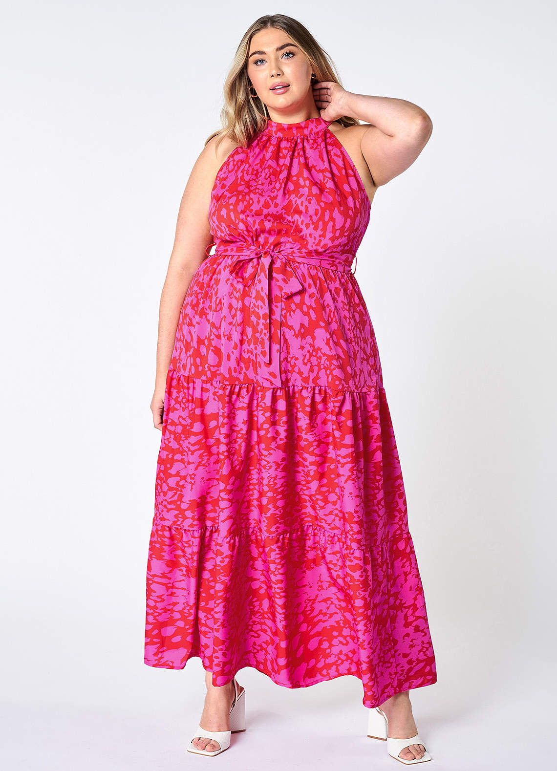 Hot Pink Endless Vacay Hot Pink Print Halter Maxi Dress