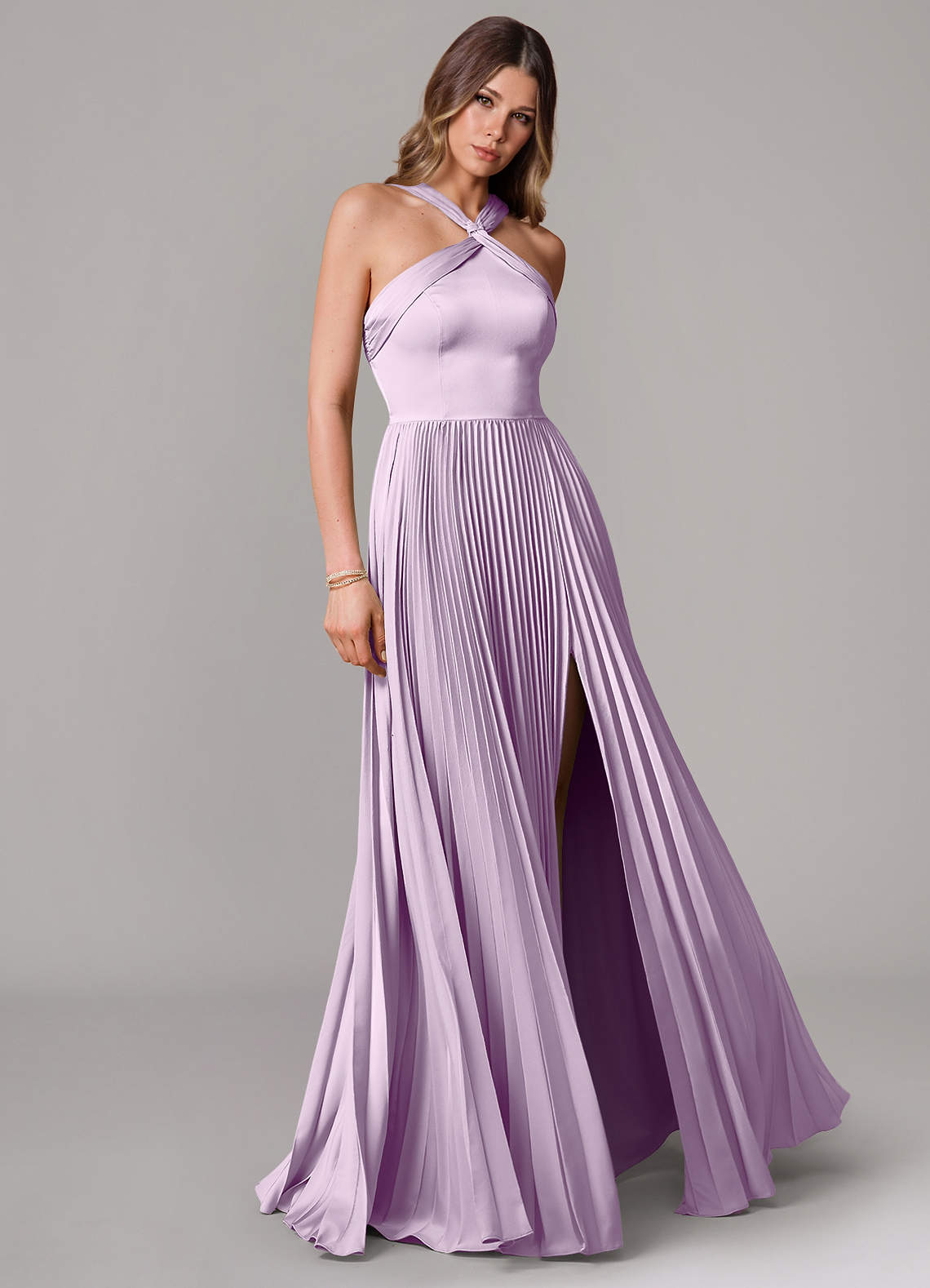Azazie Afra Bridesmaid Dresses Frosted Lilac A-Line Pleated Stretch Satin Dress image1