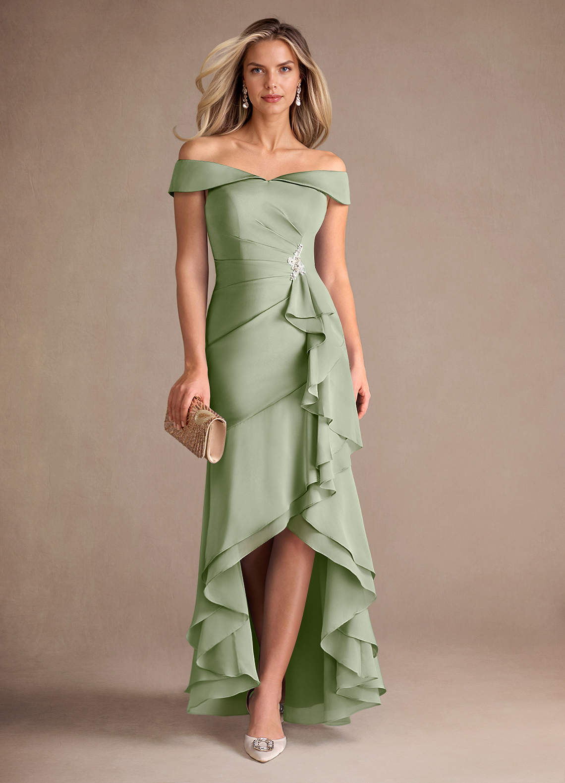Azazie Billings Mother of the Bride Dresses Dusty Sage Mermaid Off the Shoulder Stretch Satin Dress image1