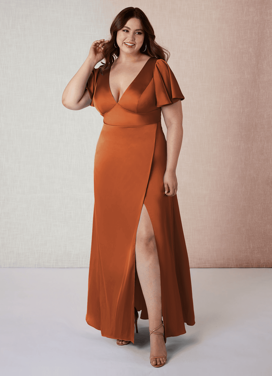Azazie Lani Bridesmaid Dresses Cinnamon A-Line Flounce Sleeve Stretch Satin Dress image1