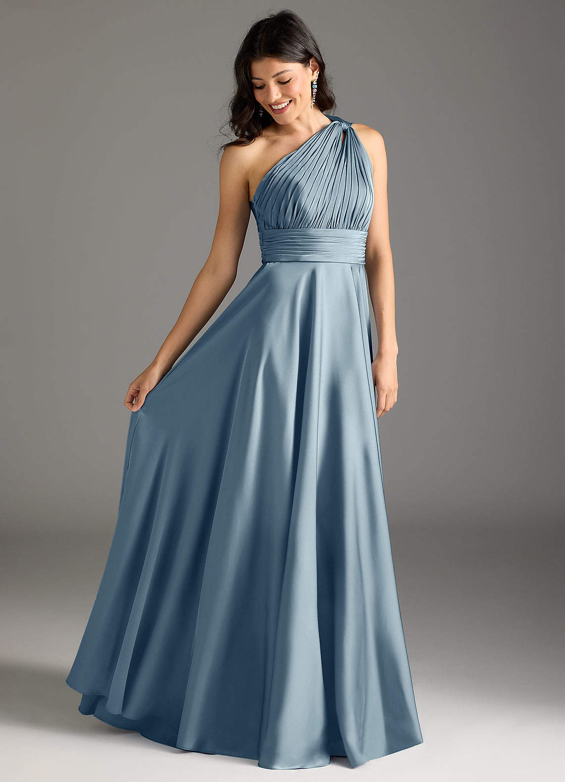 Azazie Charlize Bridesmaid Dresses Dusty Blue A-Line One Shoulder Stretch Satin Dress image1