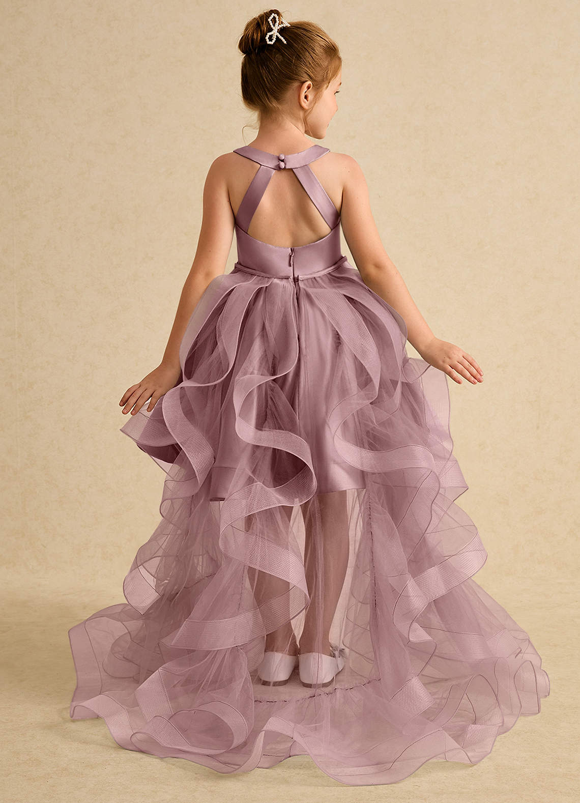 Azazie Julietta Flower Girl Dresses Dusty Rose Ball-Gown Convertible Tulle Dress image1
