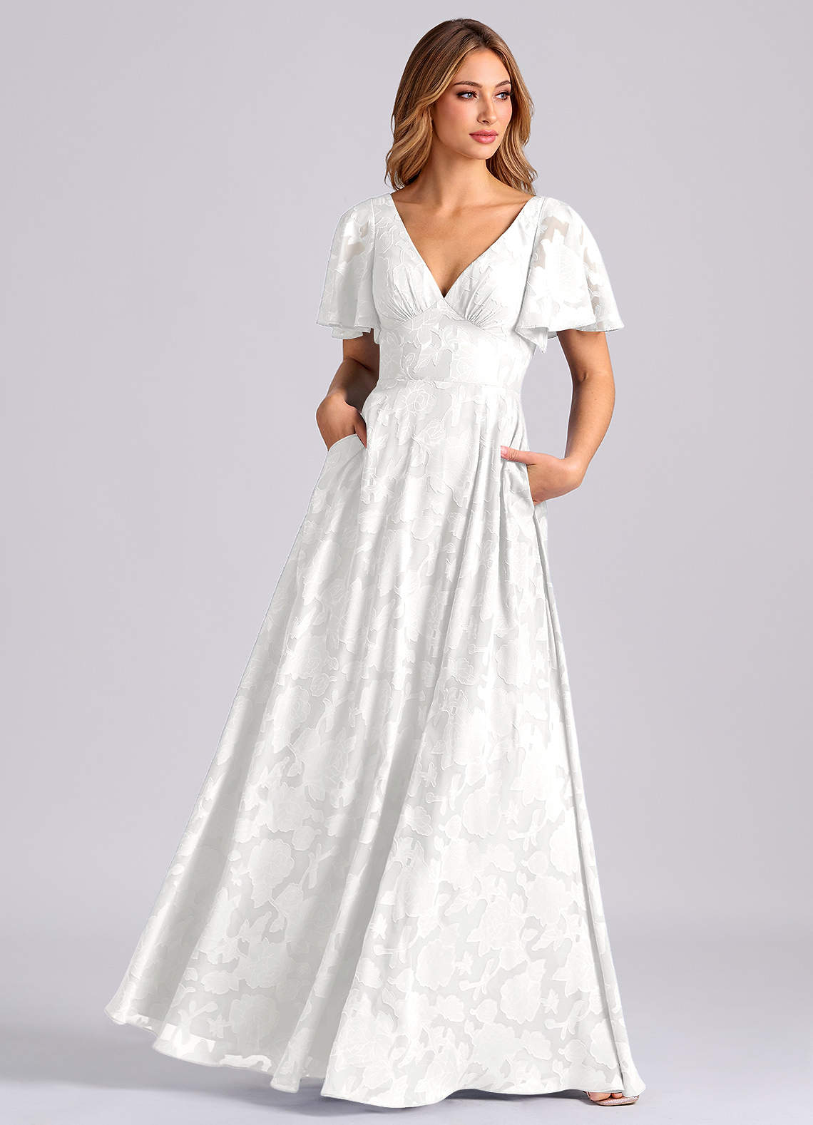 Azazie Kimber Bridesmaid Dresses White A-Line with Pockets Floral Burnout Dress image6
