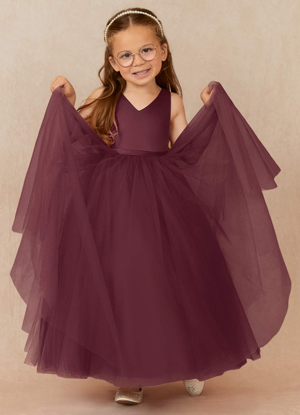 Azazie Marybell Cabernet A-Line Bow Tulle Dress | Azazie