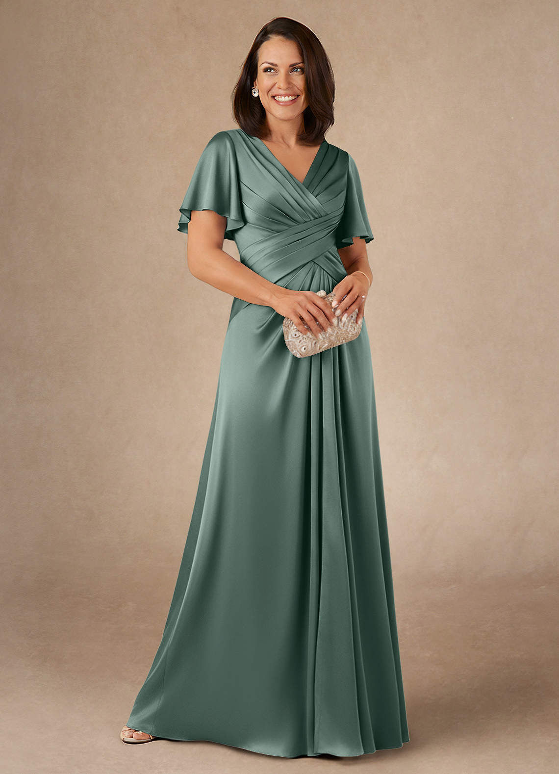 sea green silk dress Azazie A-Line/Princess V-Neck Floor-Length Stretch Satin Mother of the Bride or Groom Dresses Taupe