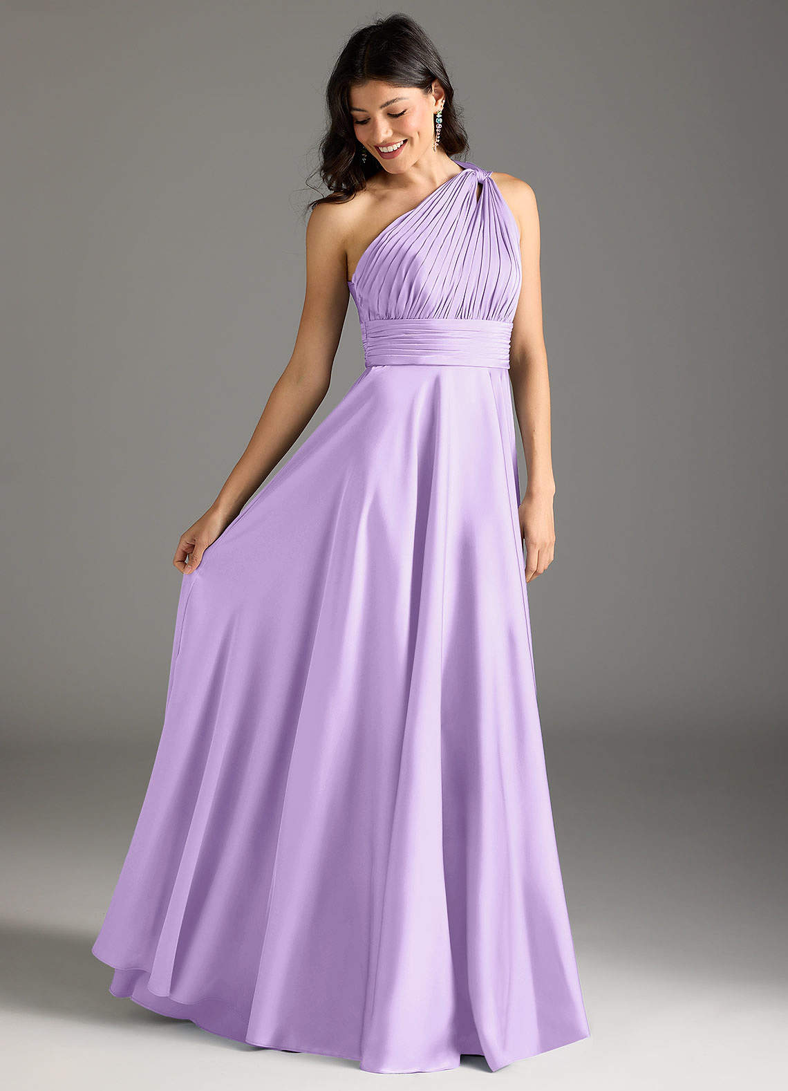 Azazie Charlize Bridesmaid Dresses Lilac A-Line One Shoulder Stretch Satin Dress image1