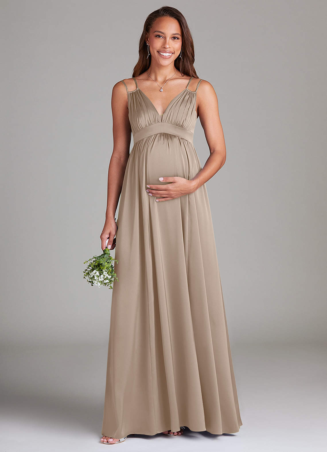 Azazie Emree Maternity Bridesmaid Dresses A-Line Stretch Satin Floor-Length Dress with Pockets image1