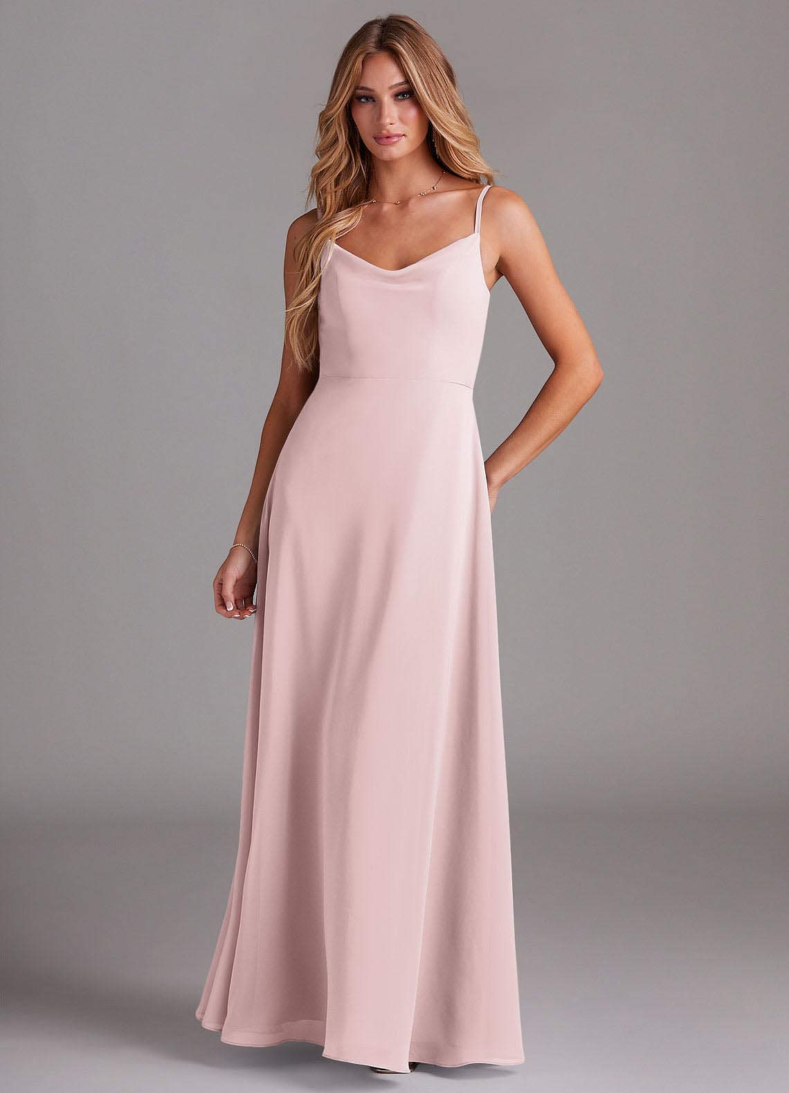 Azazie Daenerys Bridesmaid Dresses Blushing Pink A-Line Cowl Chiffon Dress image1