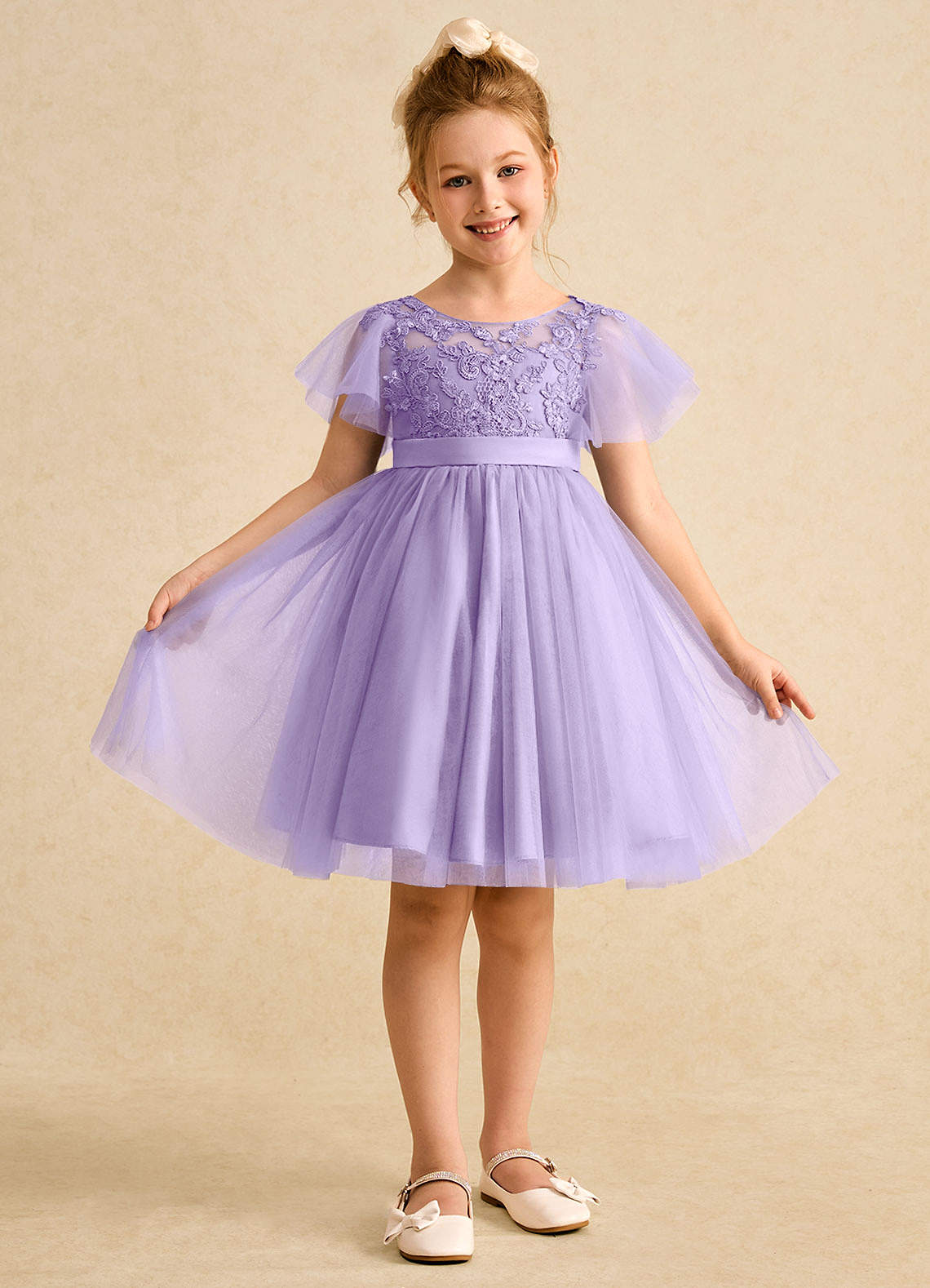 Azazie Queenie Flower Girl Dresses Lilac A-Line Lace Dress image1