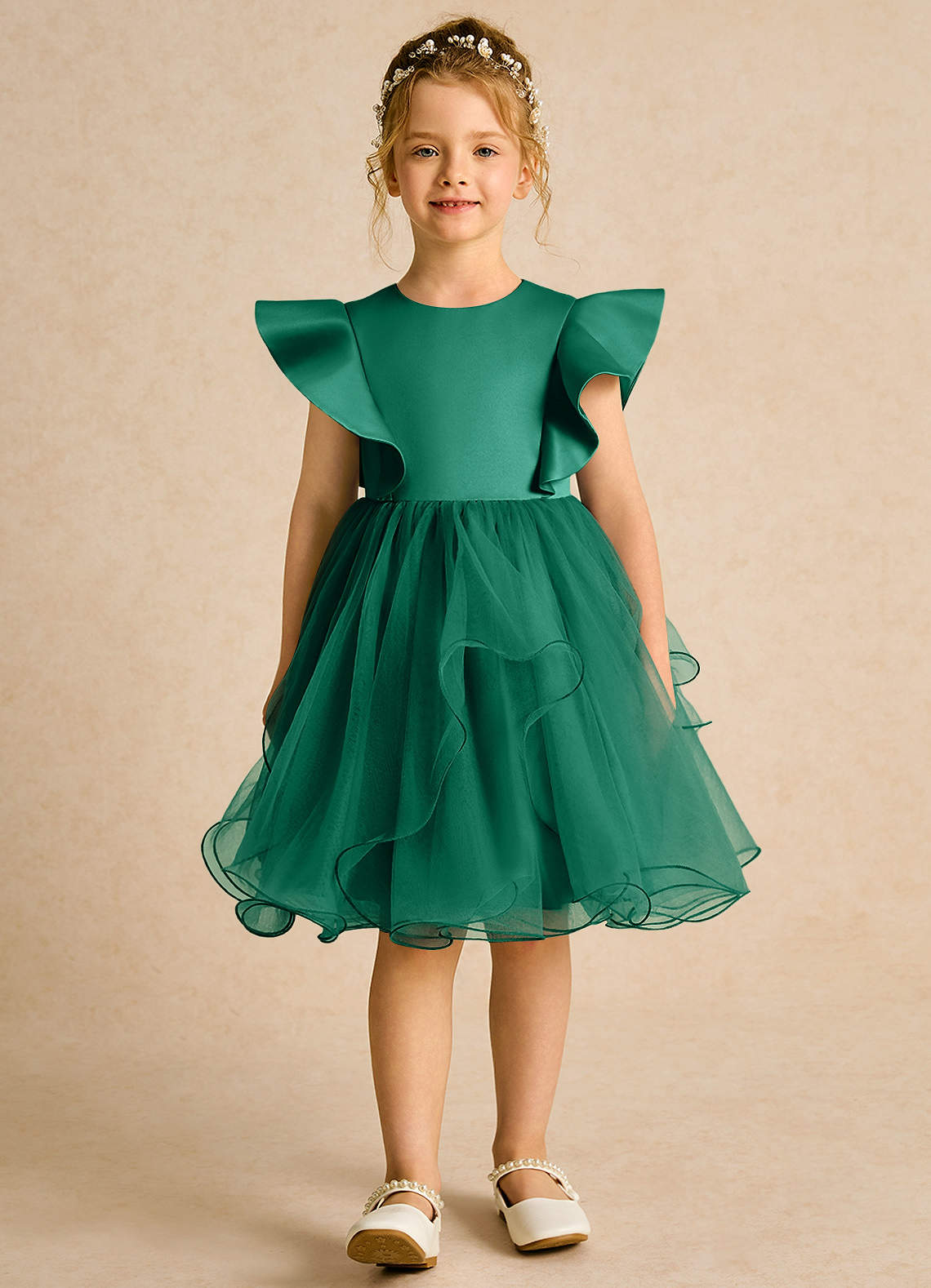Azazie Chirp Robe Demoiselle D'honneur Fillette Robe Princesse en Tulle émeraude image1