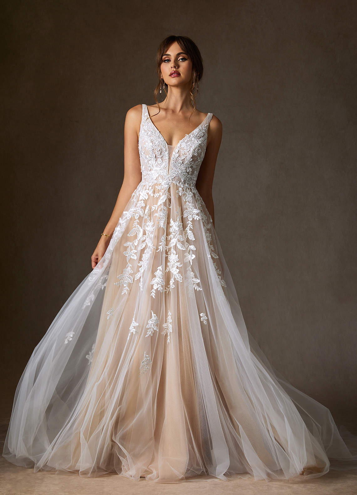 Azazie Sorella Diamond White Sand A-Line V-Neck Sequins Tulle