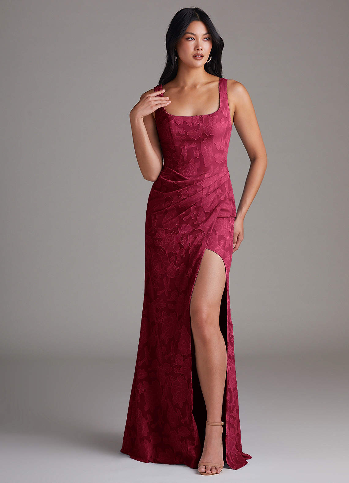 Azazie Mero Bridesmaid Dresses Burgundy Sheath Pleated Floral Burnout Dress image1