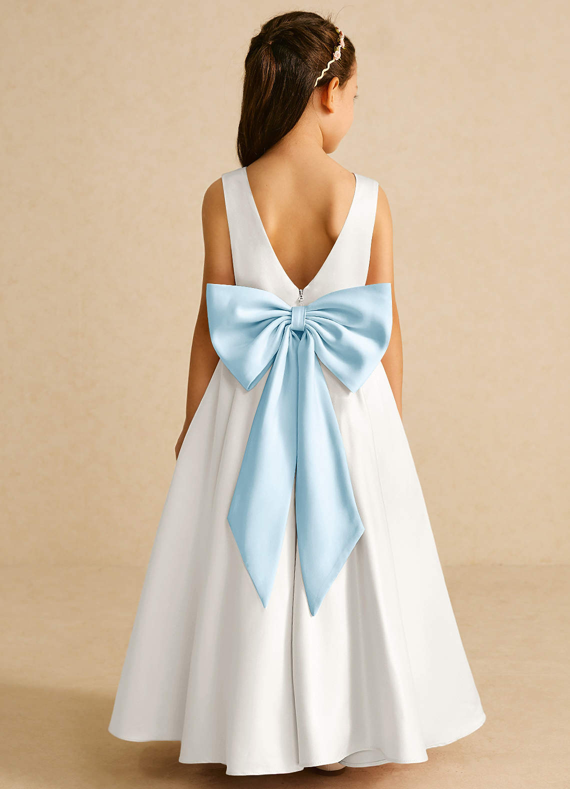Azazie Pipsy Flower Girl Dresses Ivory Sky Blue A-Line Bow Matte Satin Dress image1