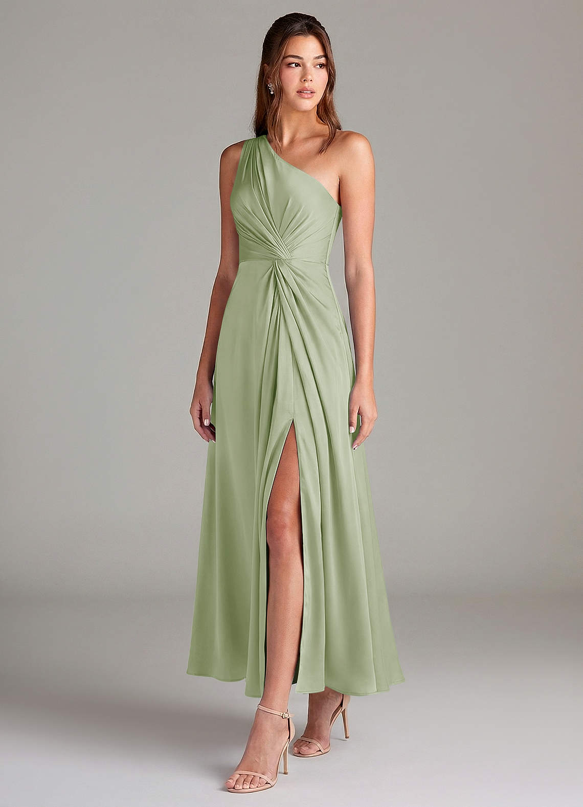 Azazie Brooke Robes de demoiselle d'honneur Robe Trapèze en Satin extensible Une épaule Vert Sauge image2