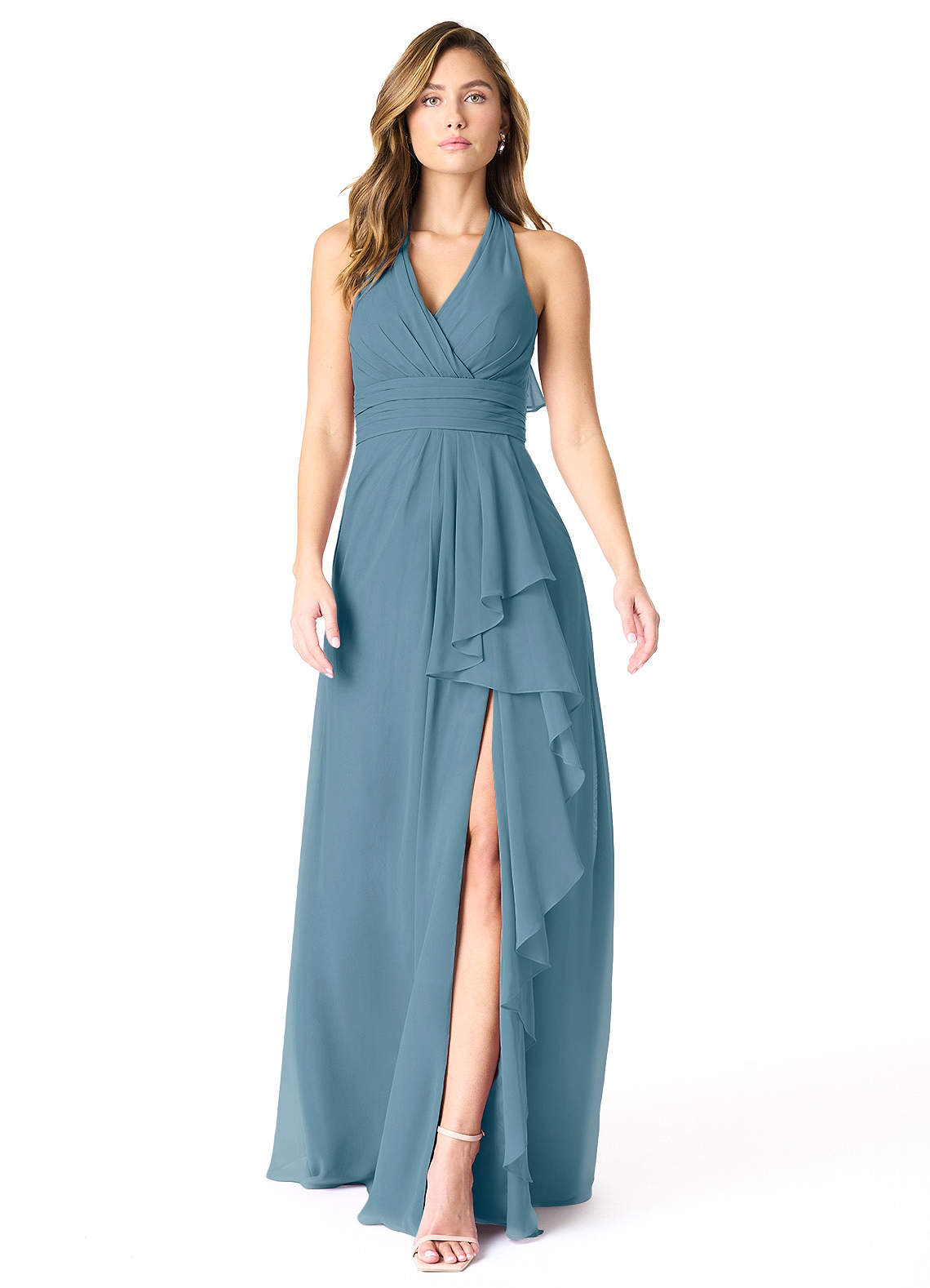 Azazie Aviv Brautjungfernkleider A-Linie Plissee Chiffon Kleid Bermudablau image1