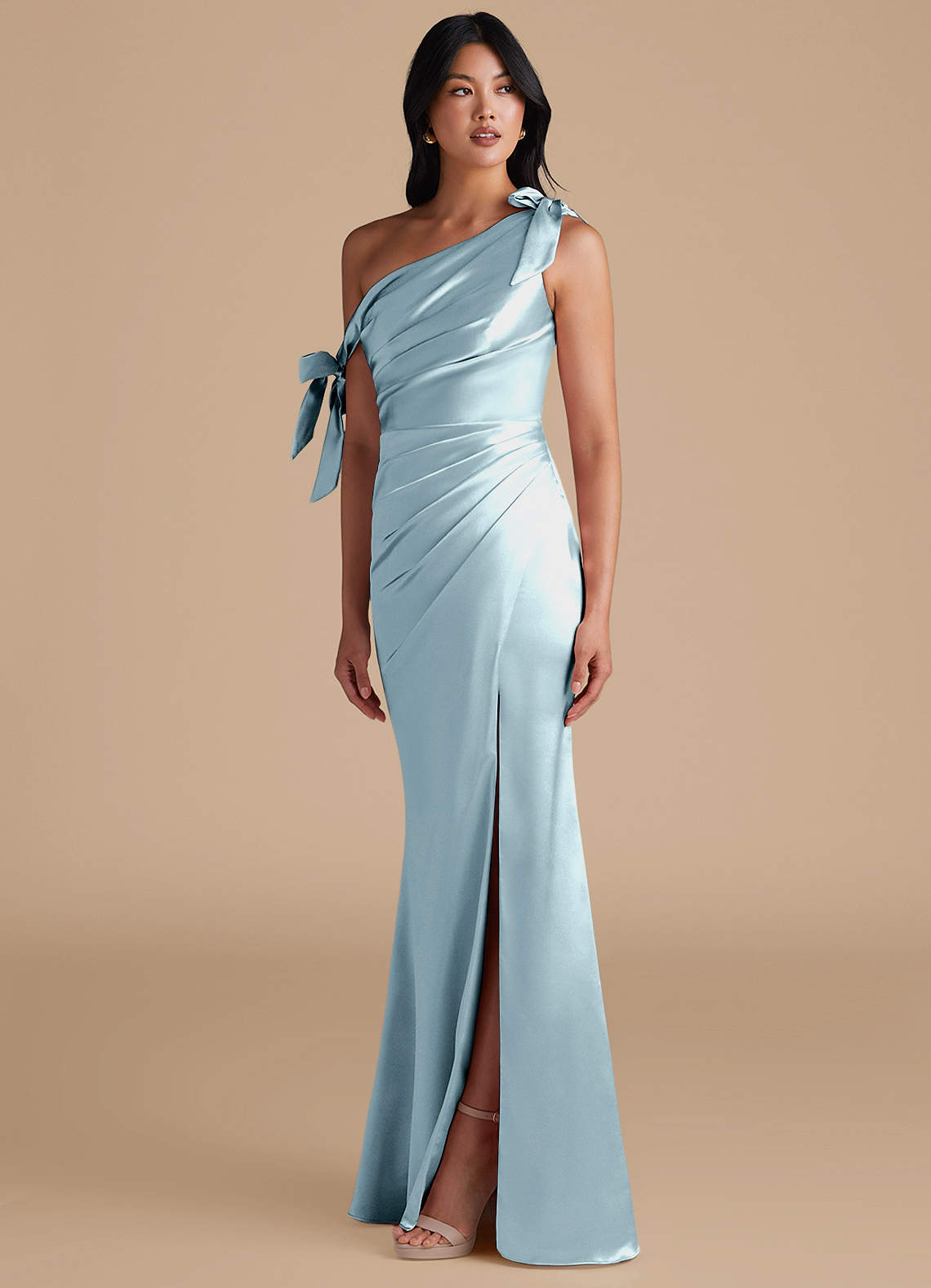 Azazie Xyla Bridesmaid Dresses Sky Blue Sheath Off the Shoulder Metallic Satin Convertible Dress image5