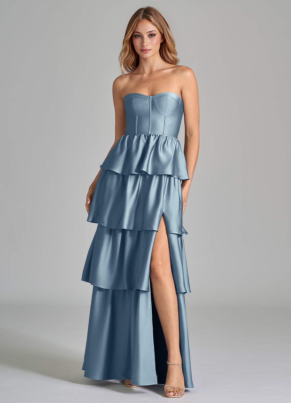 Azazie Faye Dusty Blue Stretch Satin Bridesmaid Dresses | Azazie